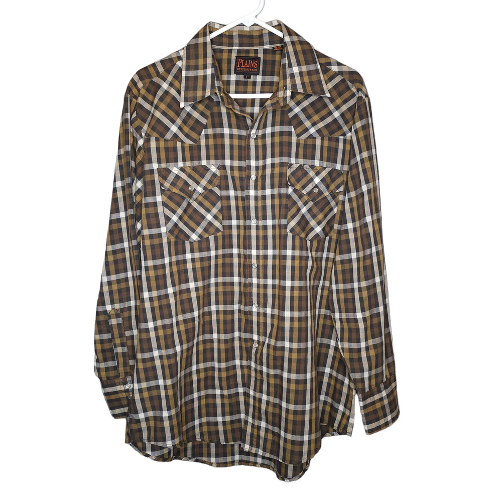 Plains Western Wear Brown Plaid Pearl Snap Button Down Long Sleeve Shirt Large